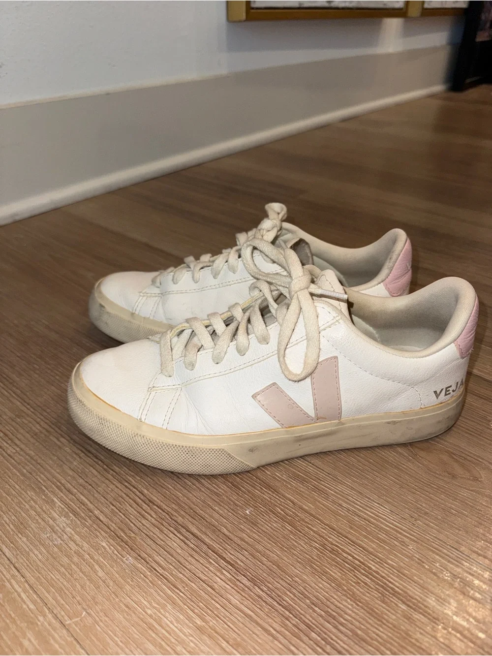 Veja Women's White Leather Sneakers with Pale Pink Accents